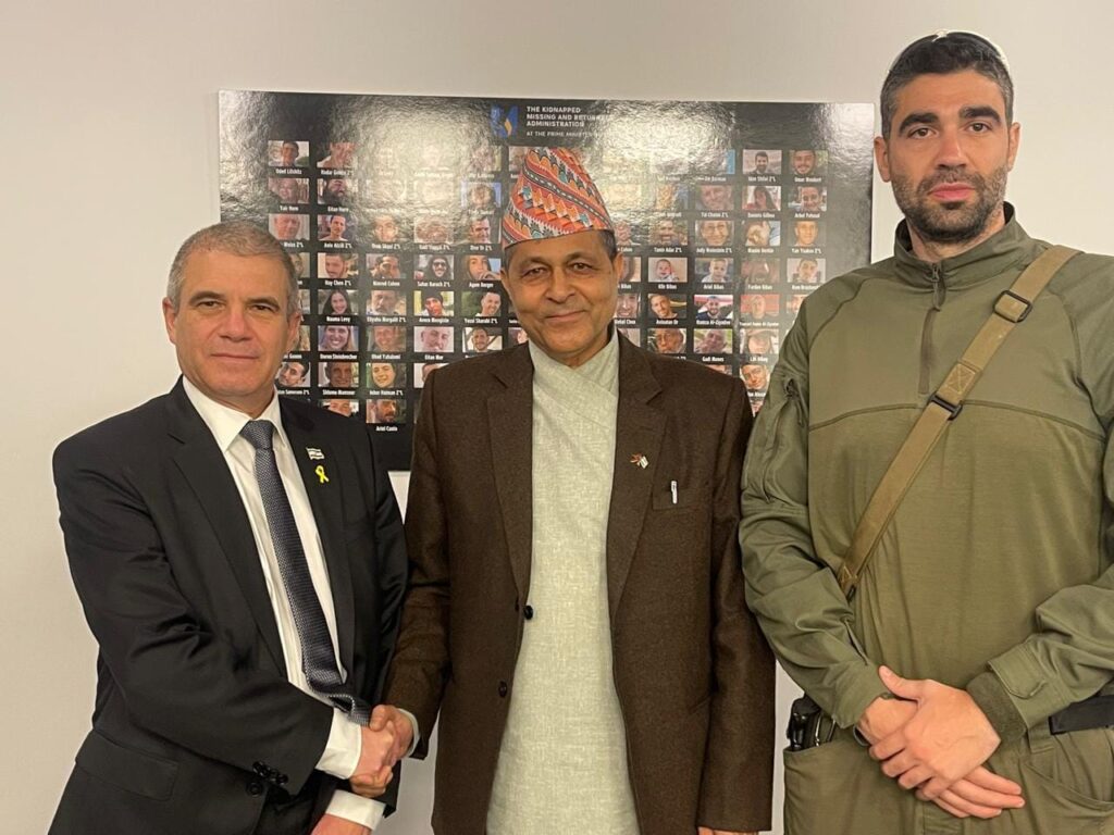 From the left: Coordinator Gal Hirsch, Ambassador Dhan Prasad Pandit, and Mountaineer Nadav Ben Yehuda.