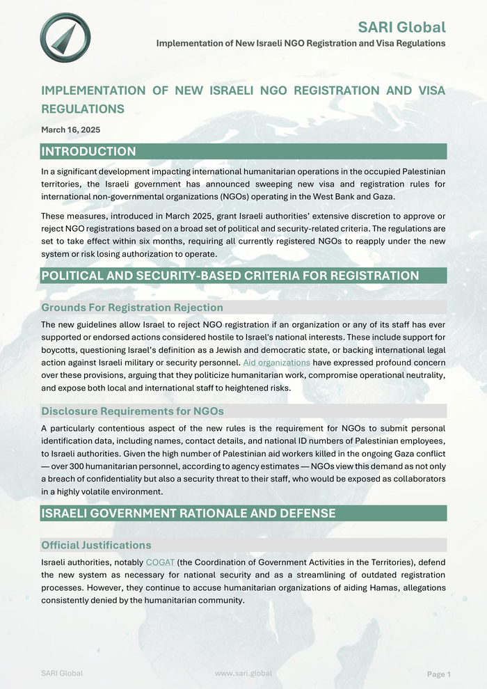 Implementation of New Israeli NGO Registration and Visa Regulations – occupied Palestinian territory